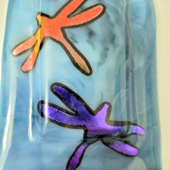 New Blue Glass Hanging Wall Vase with 2 Dichroic Glass Dragonflies and Dried Flo - Picture 5 of 5